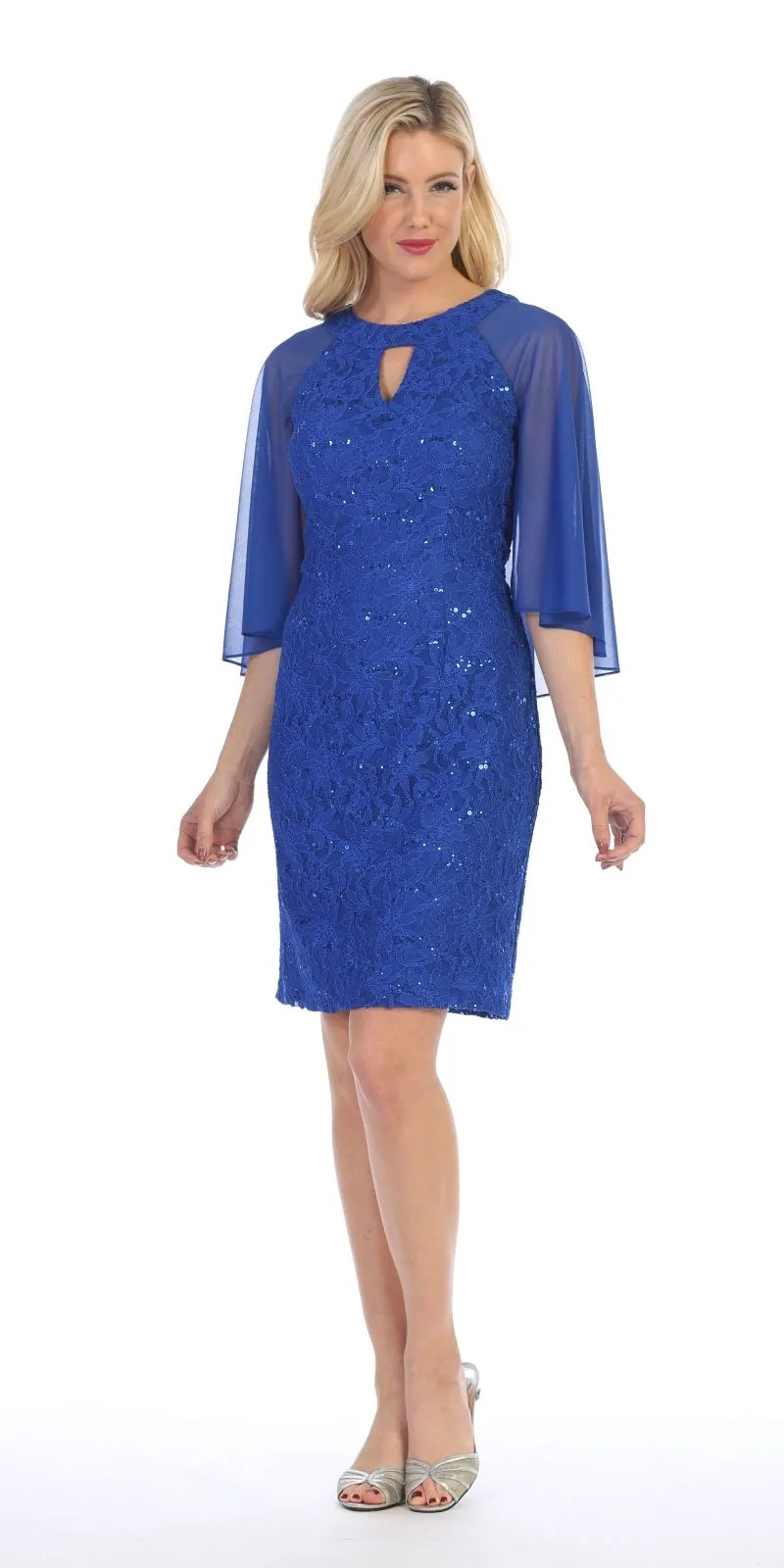 Celavie 6352-S Lace Dress Knee Length with Flutter Sleeves