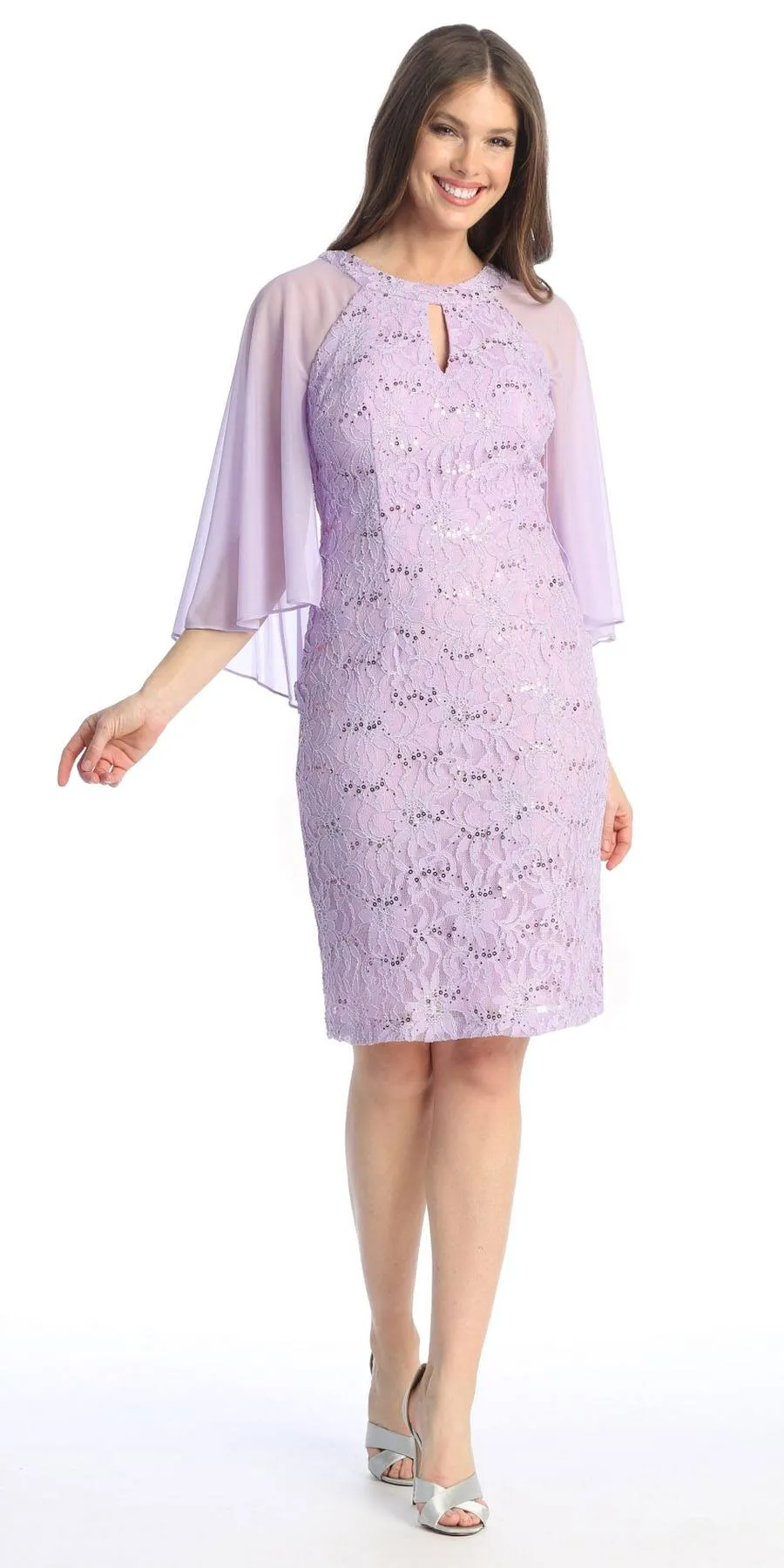 Celavie 6352-S Lace Dress Knee Length with Flutter Sleeves