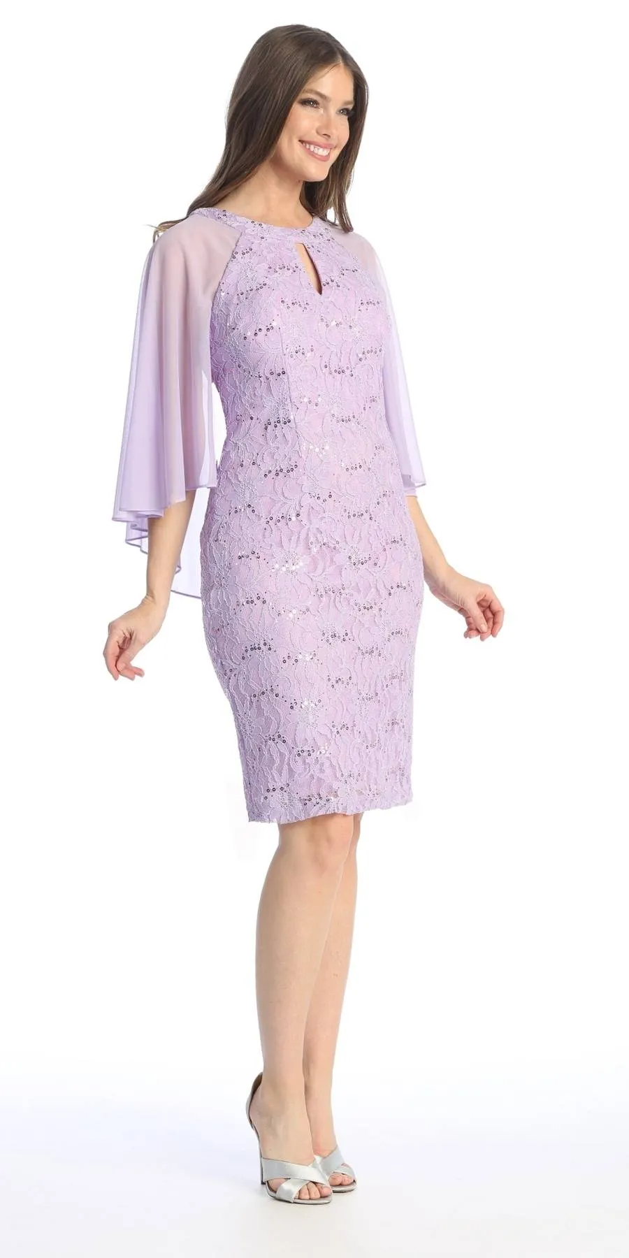 Celavie 6352-S Lace Dress Knee Length with Flutter Sleeves