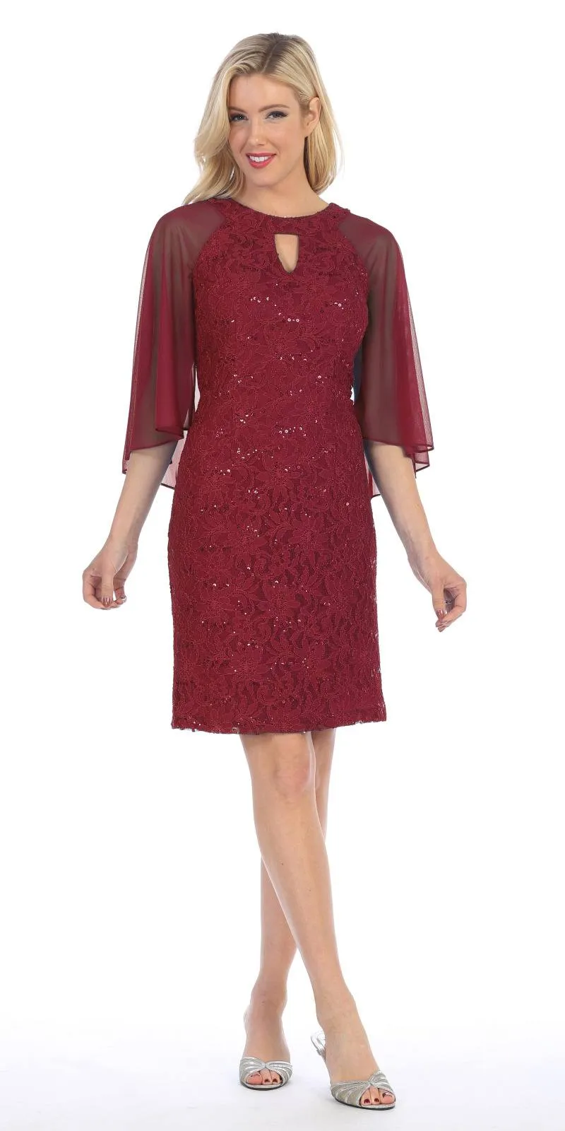 Celavie 6352-S Lace Dress Knee Length with Flutter Sleeves