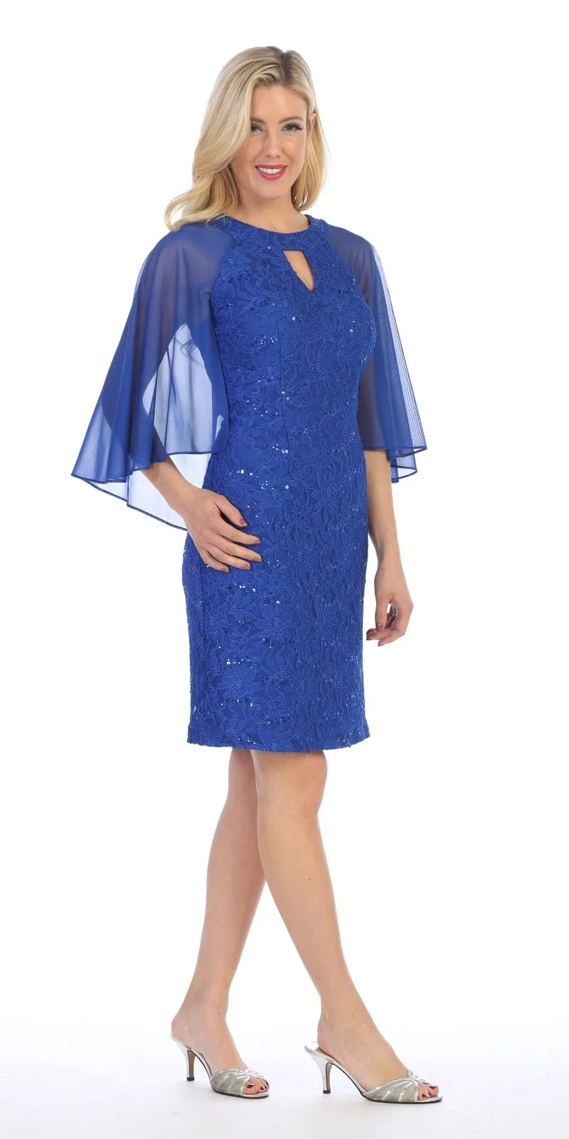Celavie 6352-S Lace Dress Knee Length with Flutter Sleeves