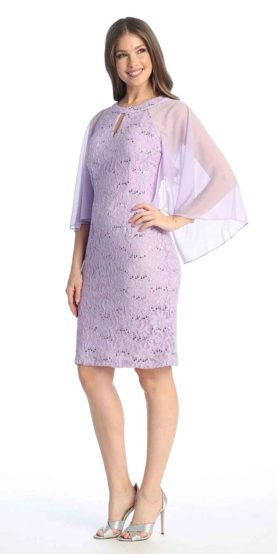 Celavie 6352-S Lace Dress Knee Length with Flutter Sleeves