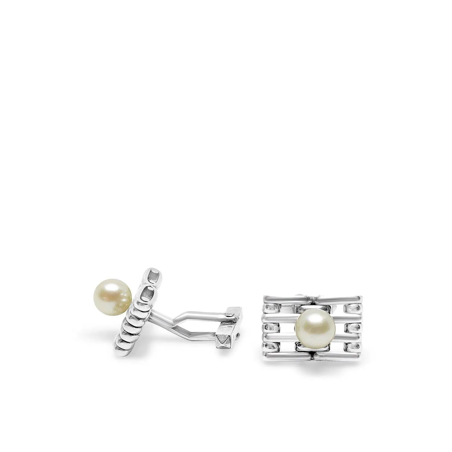 Chain Link Japanese Cultured Akoya Pearl Round Cufflinks- Sterling Silver