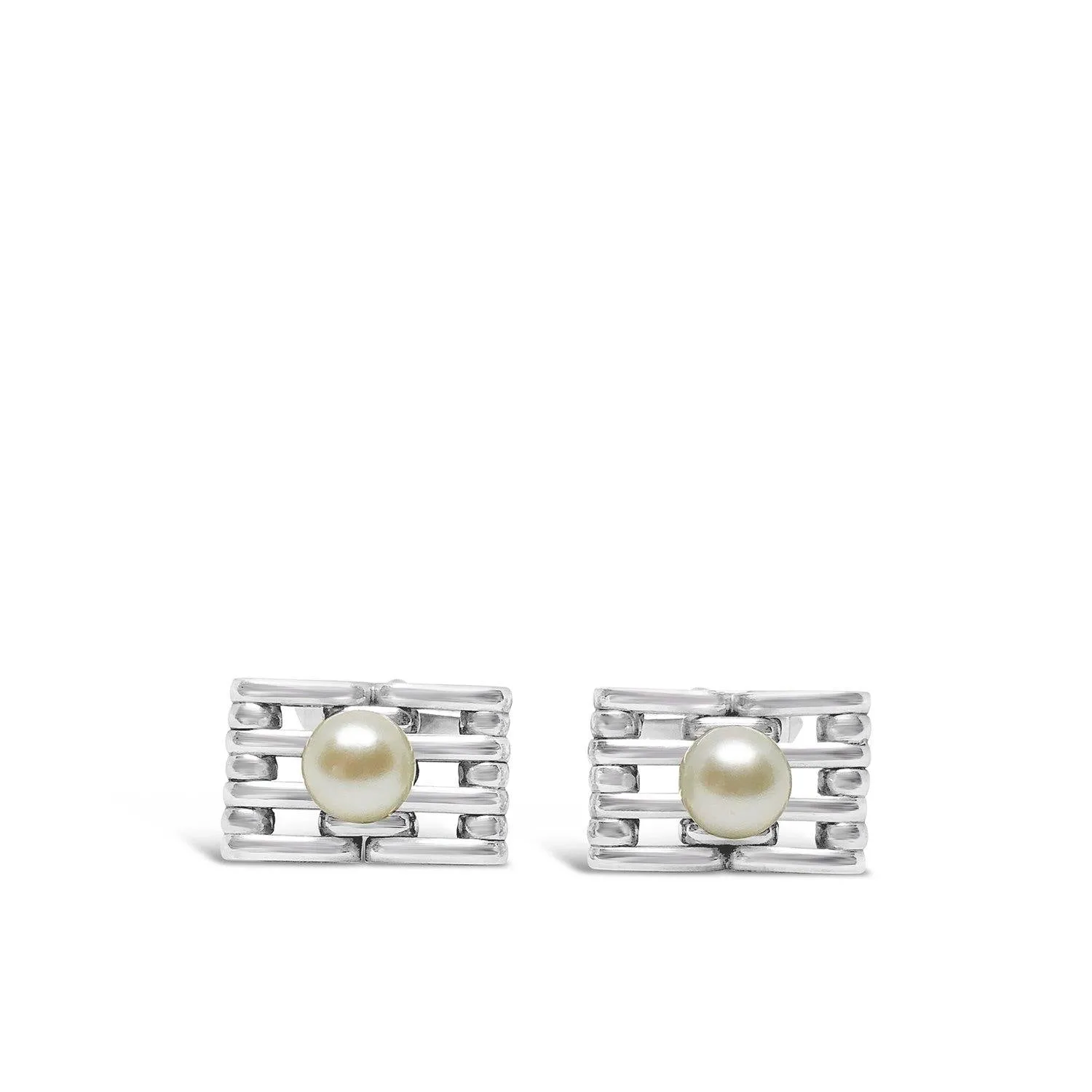 Chain Link Japanese Cultured Akoya Pearl Round Cufflinks- Sterling Silver