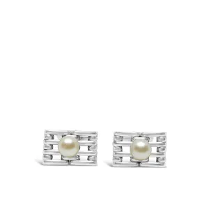 Chain Link Japanese Cultured Akoya Pearl Round Cufflinks- Sterling Silver
