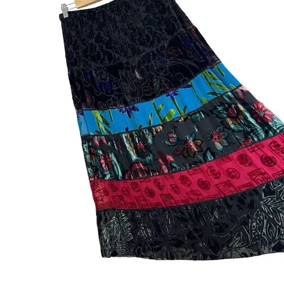 Chico's 1 Medium Midi Skirt Silk Velvet Boho A-Line Tiered Silk Lined Womens