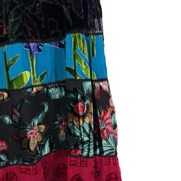 Chico's 1 Medium Midi Skirt Silk Velvet Boho A-Line Tiered Silk Lined Womens