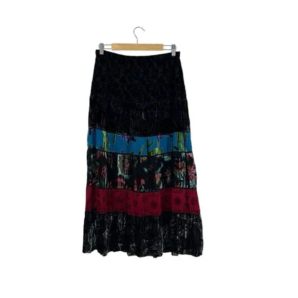 Chico's 1 Medium Midi Skirt Silk Velvet Boho A-Line Tiered Silk Lined Womens