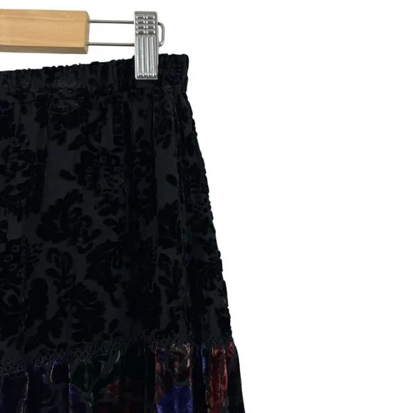 Chico's 1 Medium Midi Skirt Silk Velvet Boho A-Line Tiered Silk Lined Womens
