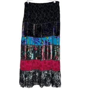 CHICOS Velvet Burnout Boho Floral Maxi Skirt Silk‎ Blend Size 2 Large