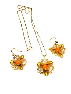 Chinese Export orange enamel vermeil gold over sterling necklace and earrings set 925