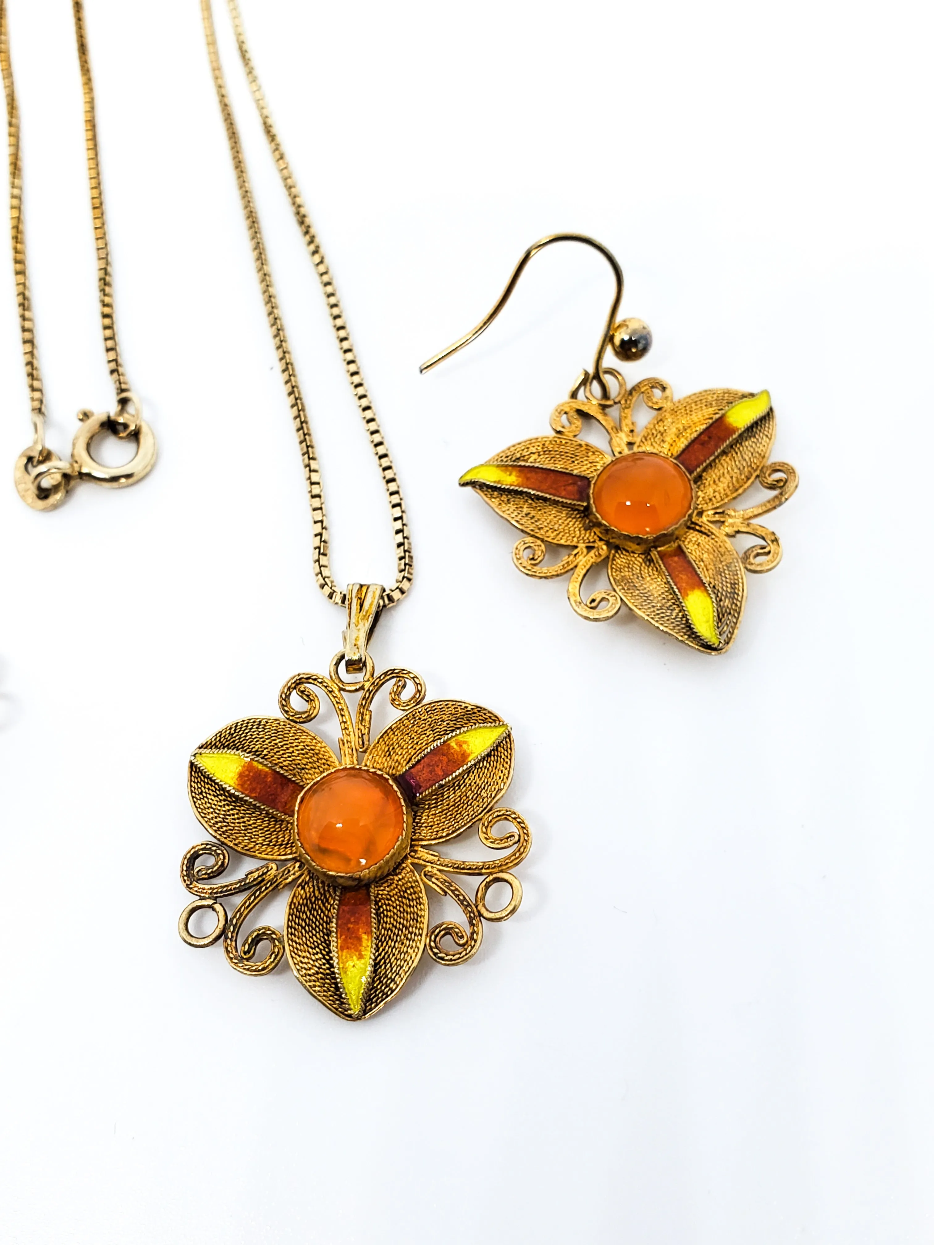 Chinese Export orange enamel vermeil gold over sterling necklace and earrings set 925