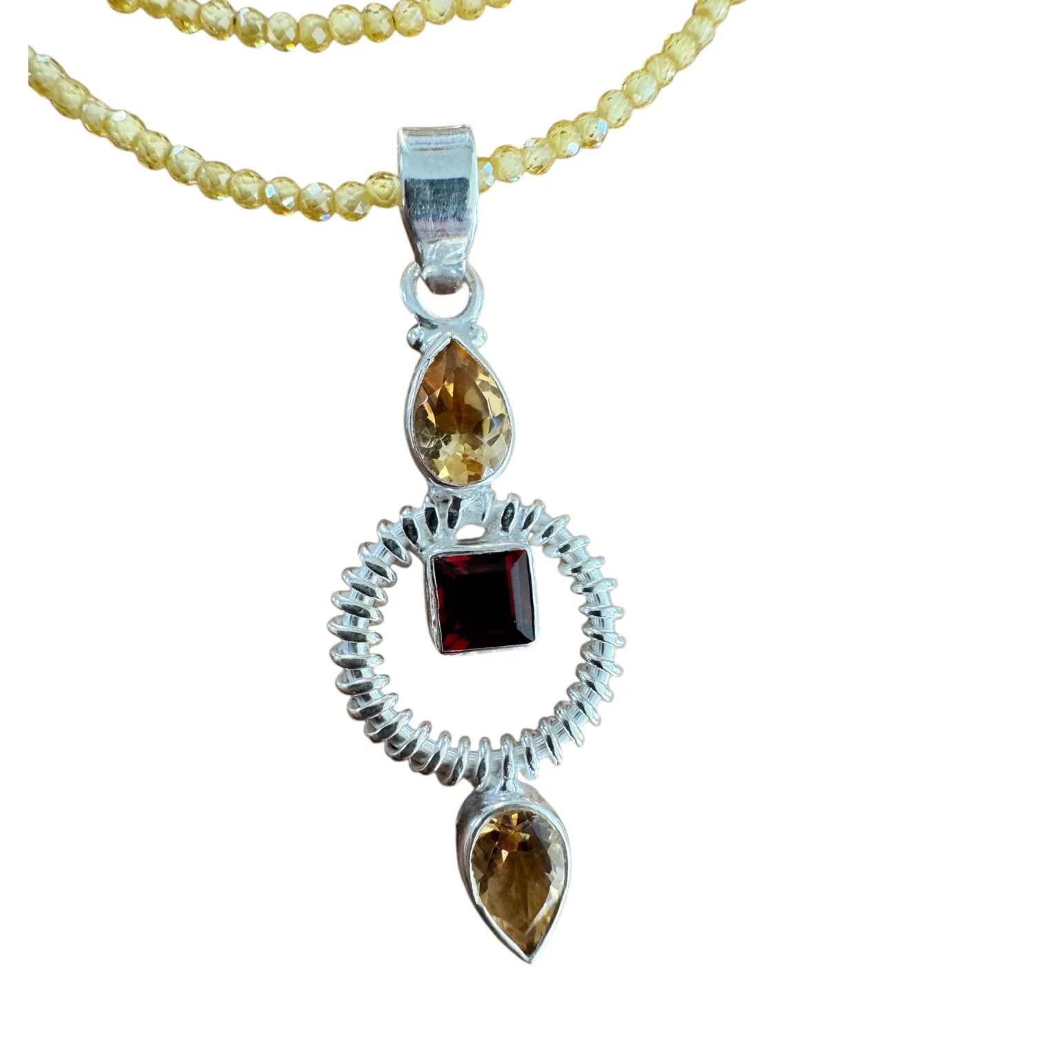 Citrine & Garnet Solid 925 Sterling Silver Pendant Necklace