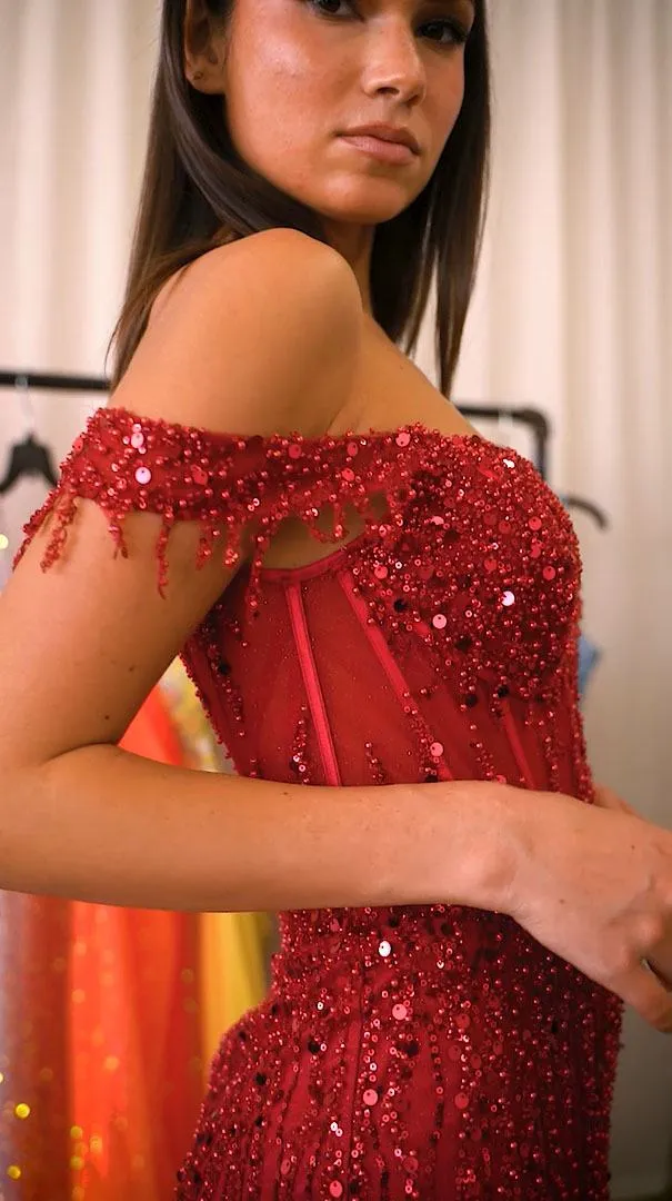 CLEARANCE - Ladivine CD0203 Long Fitted Off the Shoulder Sequin Gown with Slit (Size XL)