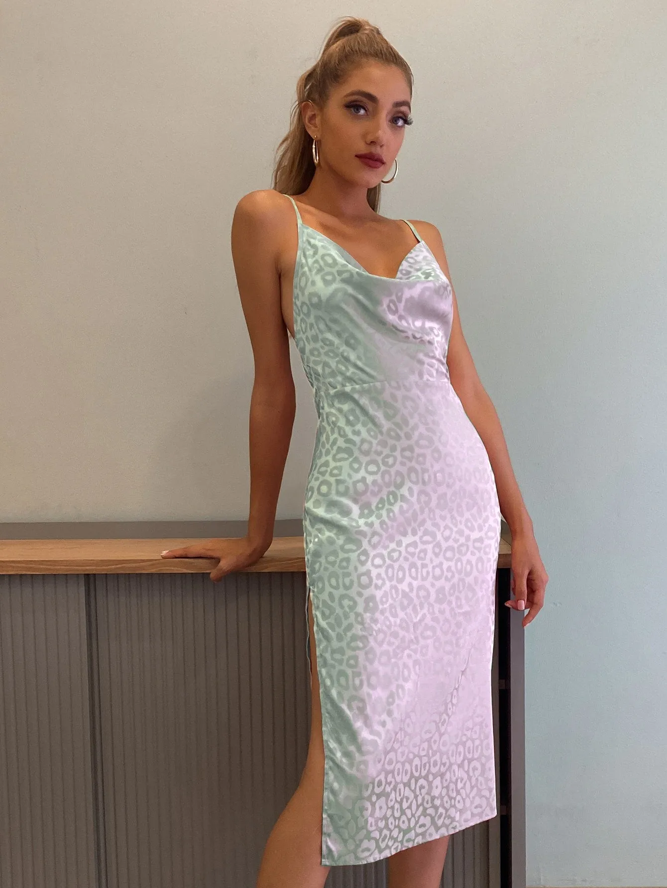 Crisscross Backless Leopard Satin Dress