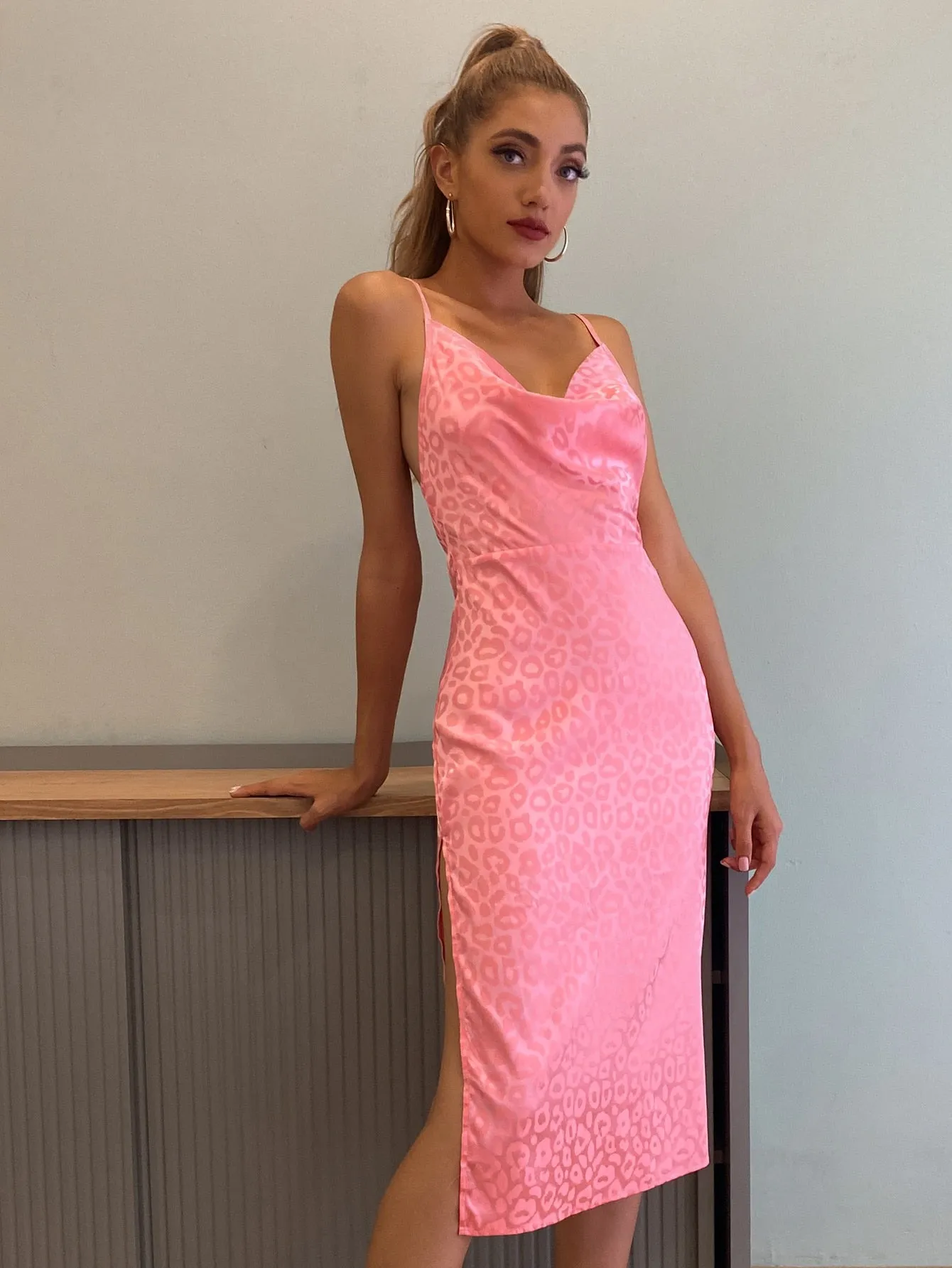 Crisscross Backless Leopard Satin Dress