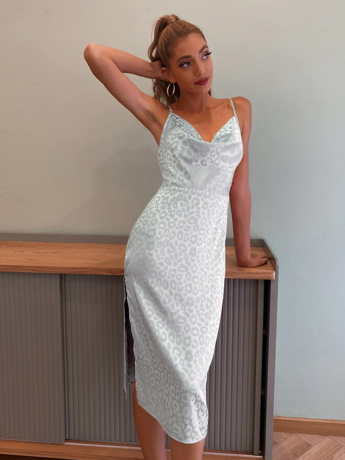 Crisscross Backless Leopard Satin Dress