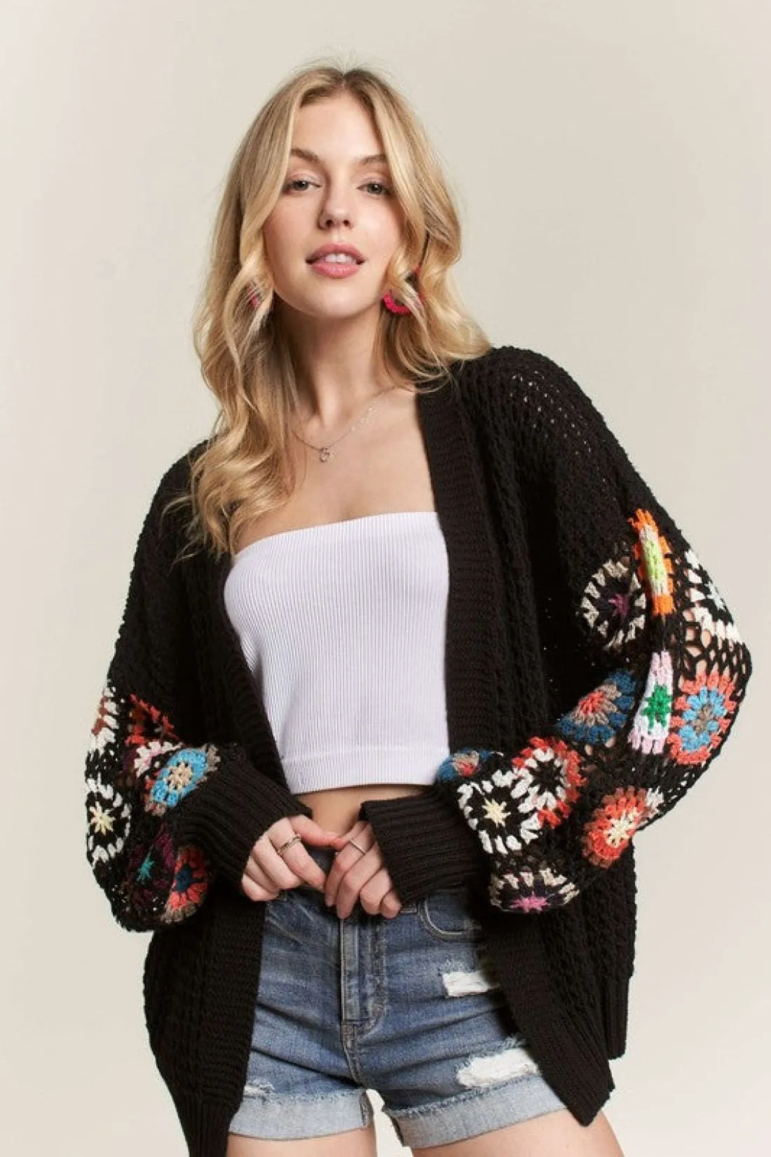 Crochet Open Front Long Sleeve Cardigan in Black