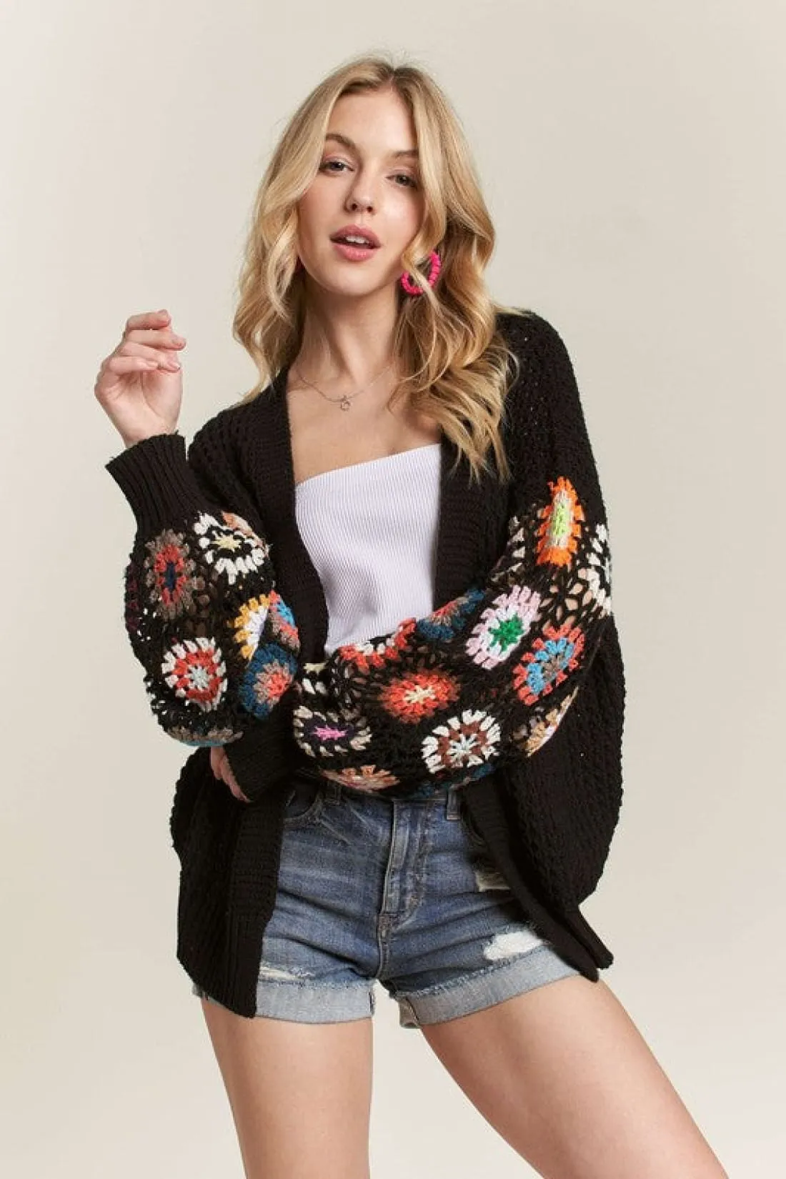 Crochet Open Front Long Sleeve Cardigan in Black