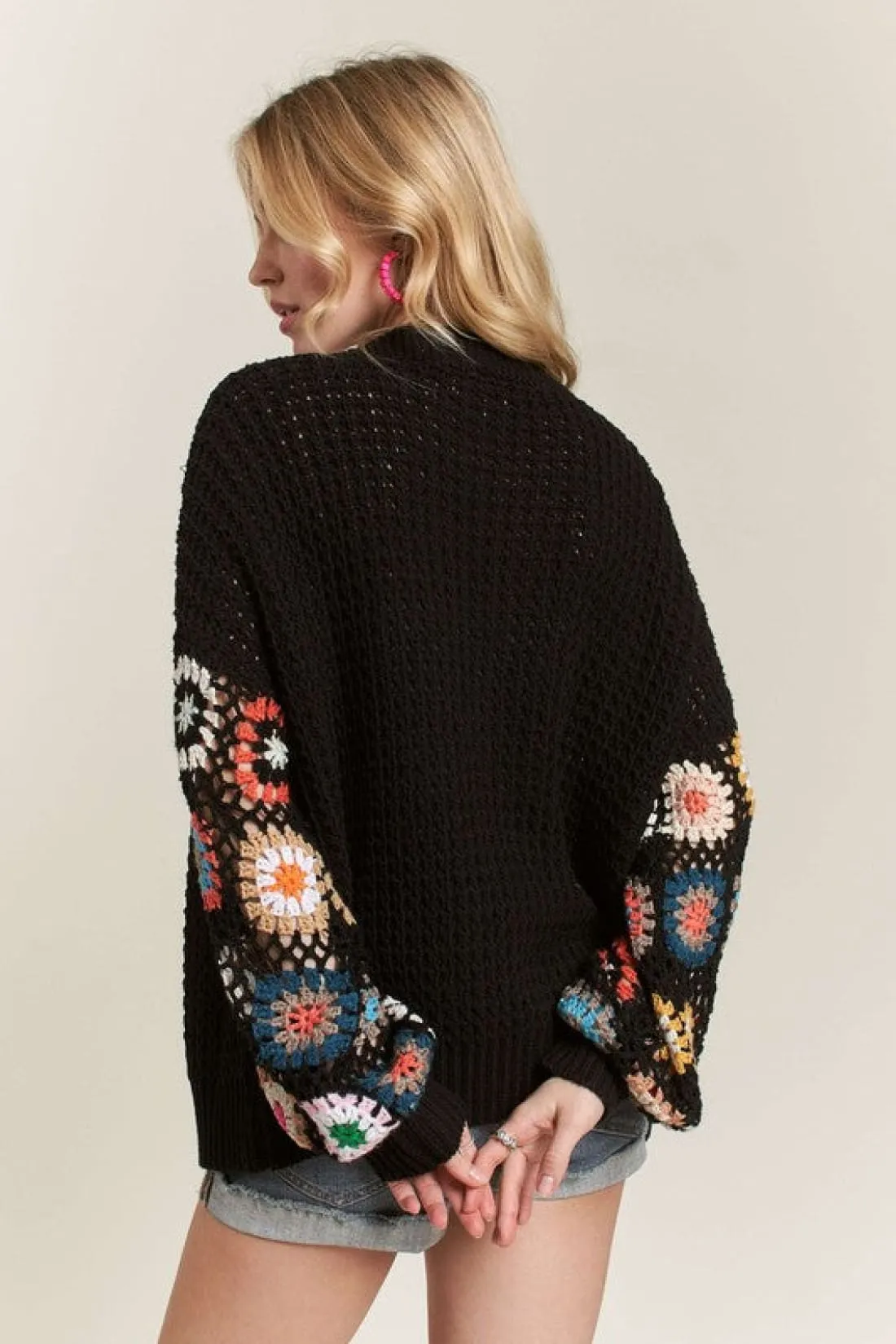 Crochet Open Front Long Sleeve Cardigan in Black