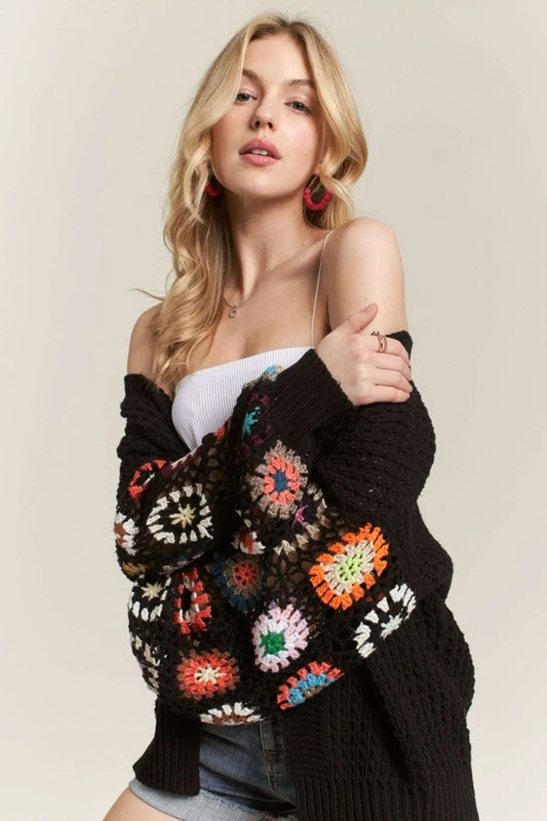 Crochet Open Front Long Sleeve Cardigan in Black