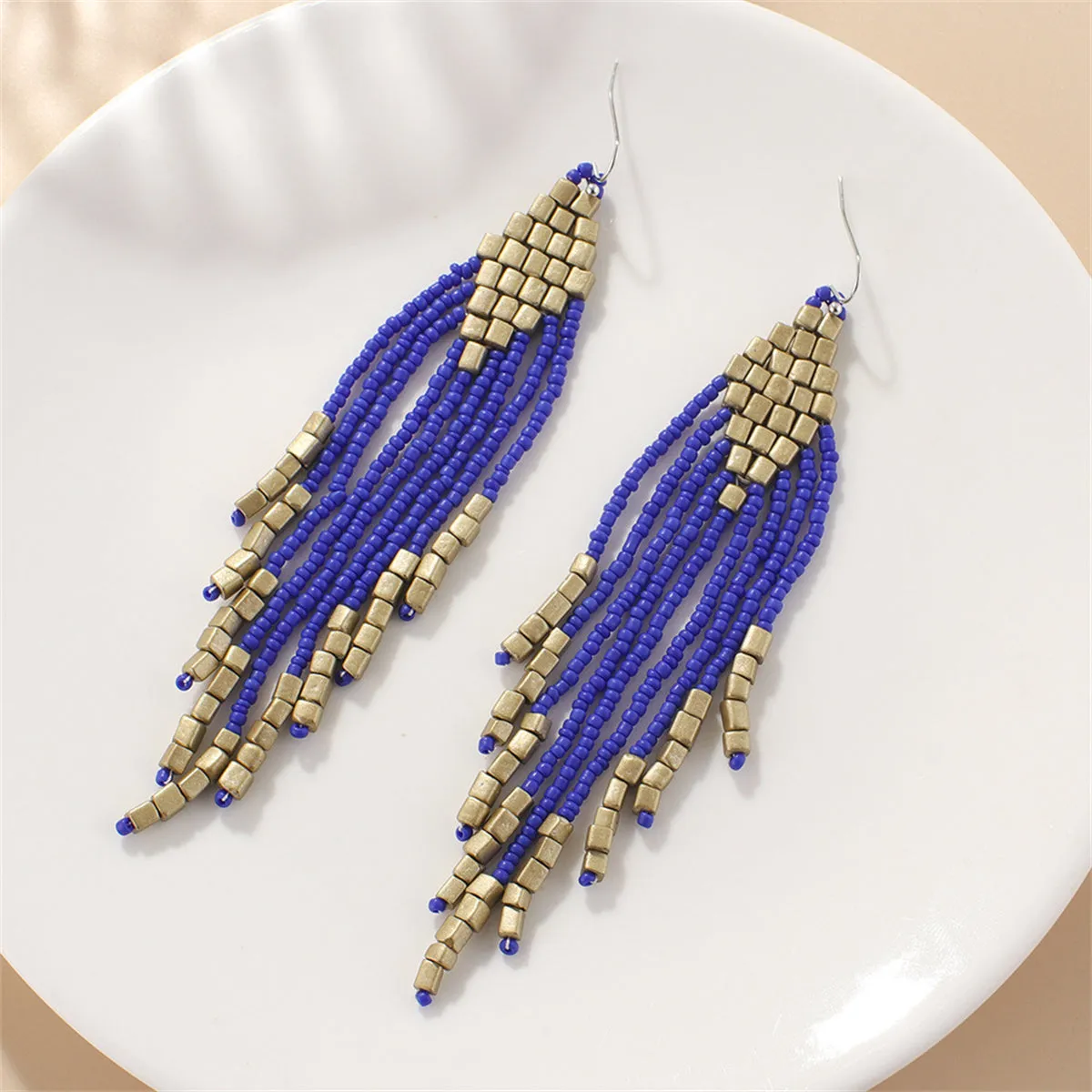 Dark Blue Howlite Tassel Drop Earrings