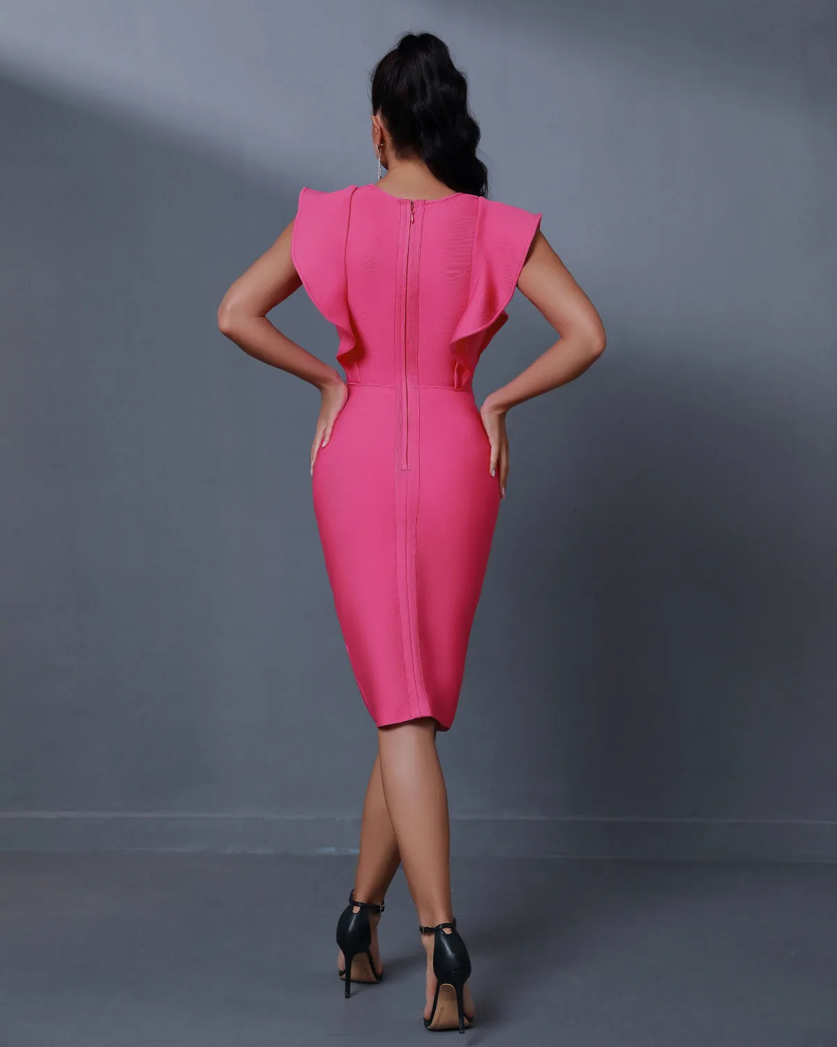 Deep-V Ruffle Midi Bandage Dress
