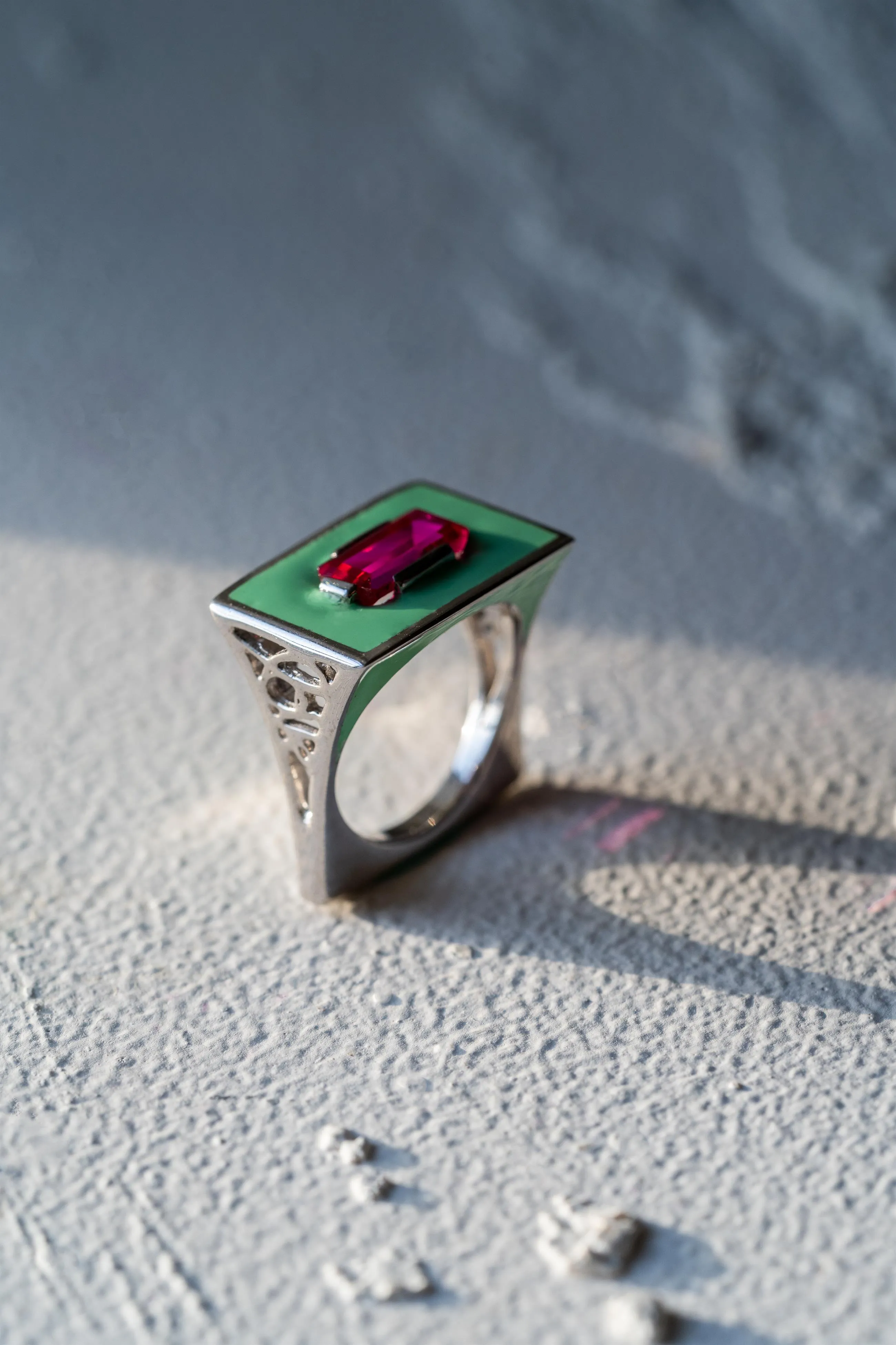 Demi Fine Jewelry-White Gold Plated-Ring-Slab In Green Enamel Recycled Sterling Silver-R22/21-Fashion Edit Unbent
