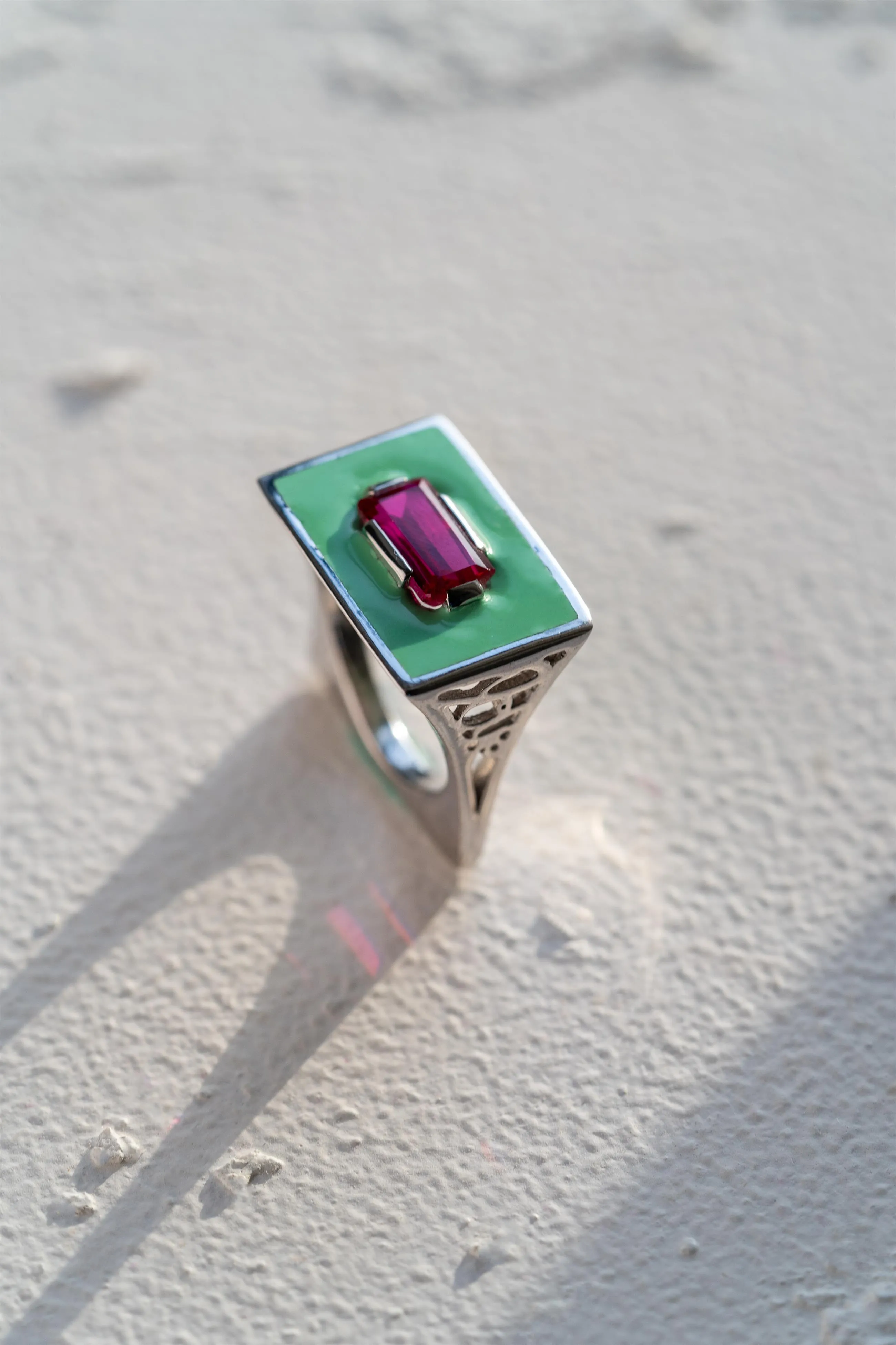 Demi Fine Jewelry-White Gold Plated-Ring-Slab In Green Enamel Recycled Sterling Silver-R22/21-Fashion Edit Unbent