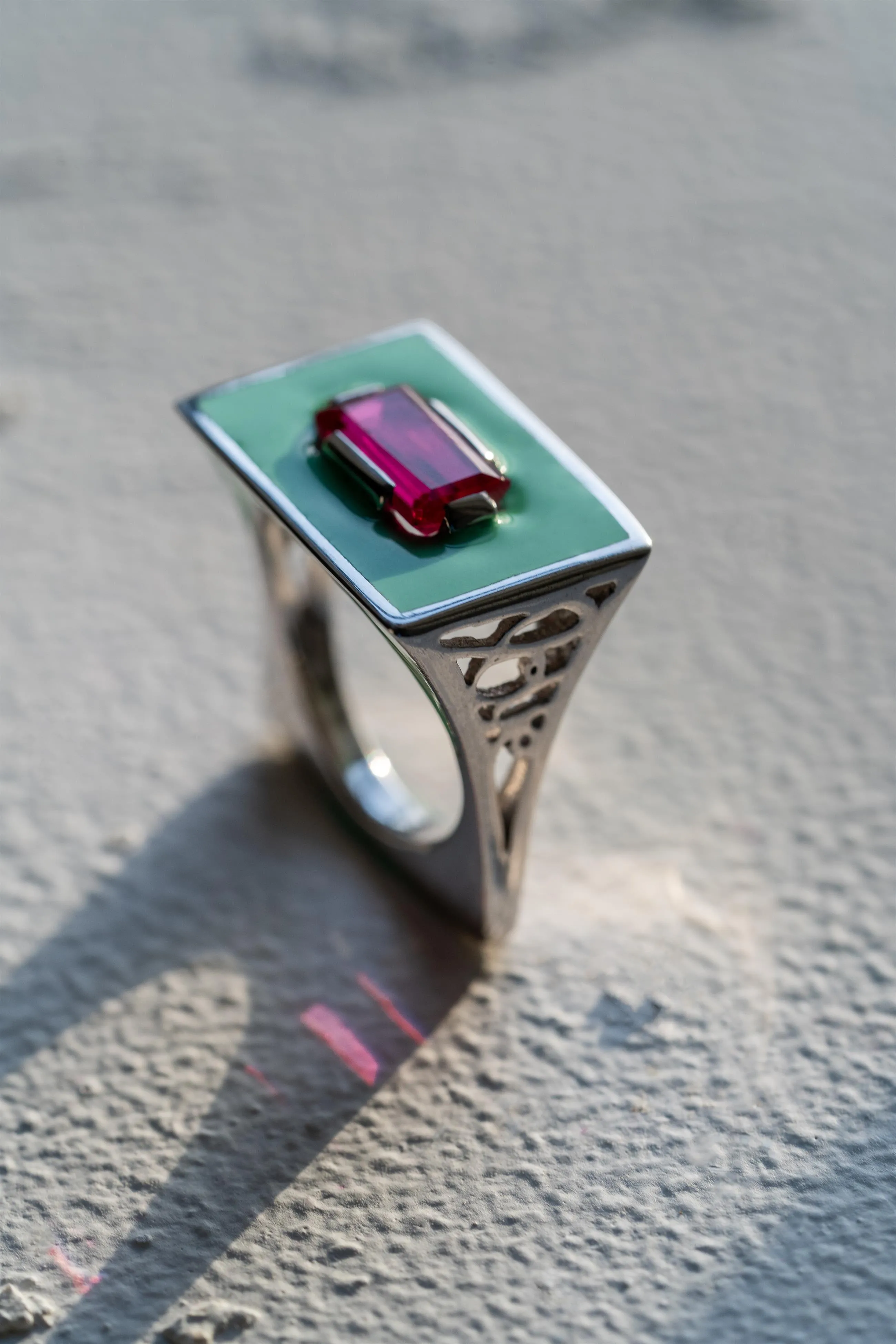 Demi Fine Jewelry-White Gold Plated-Ring-Slab In Green Enamel Recycled Sterling Silver-R22/21-Fashion Edit Unbent
