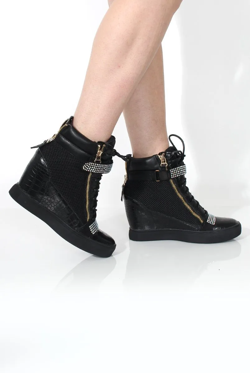Dixie Black Snakeskin Mesh Wedged Trainer