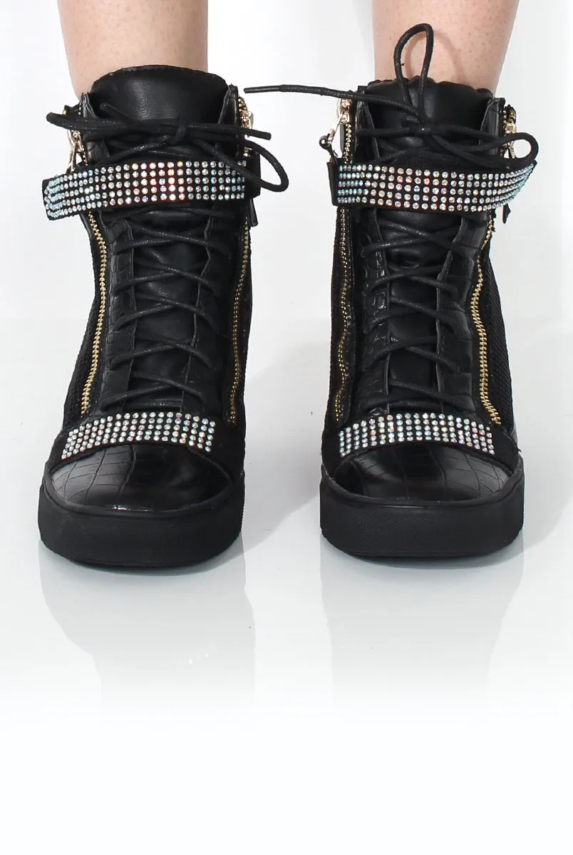Dixie Black Snakeskin Mesh Wedged Trainer