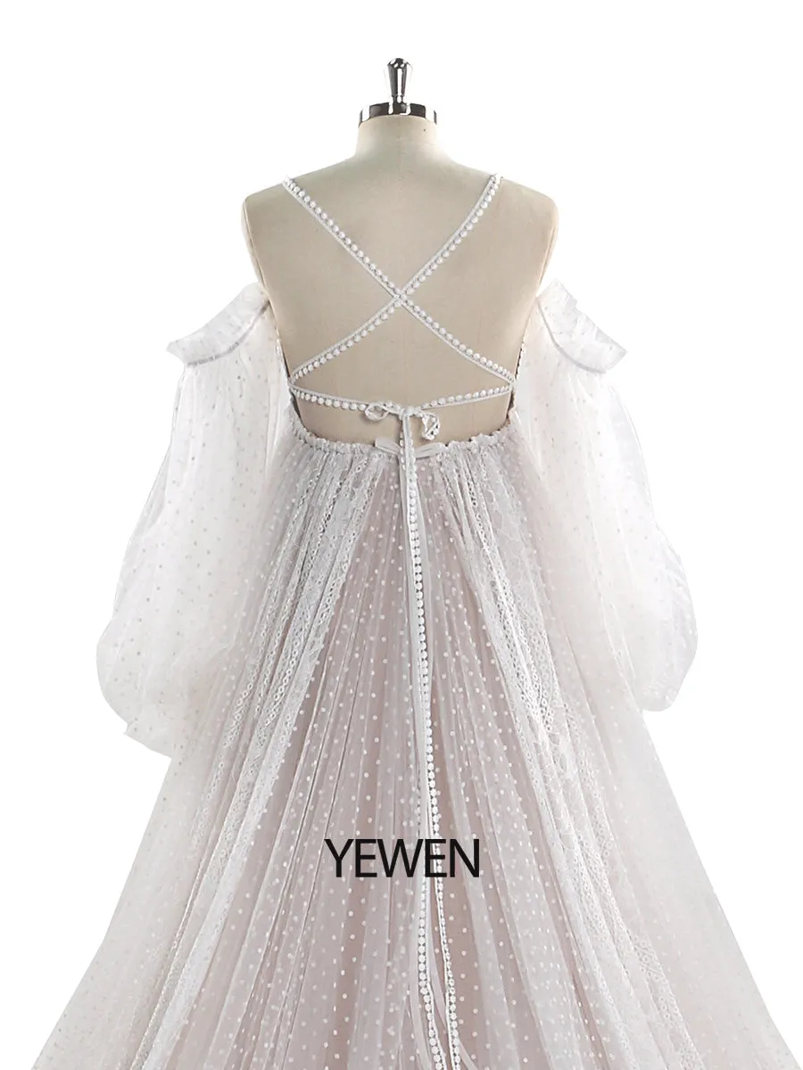 Dot Tulle with Lace Bohemian Maternity Dress for Photoshoot Long Sleeves Maternity Wedding Gown YW220107-1