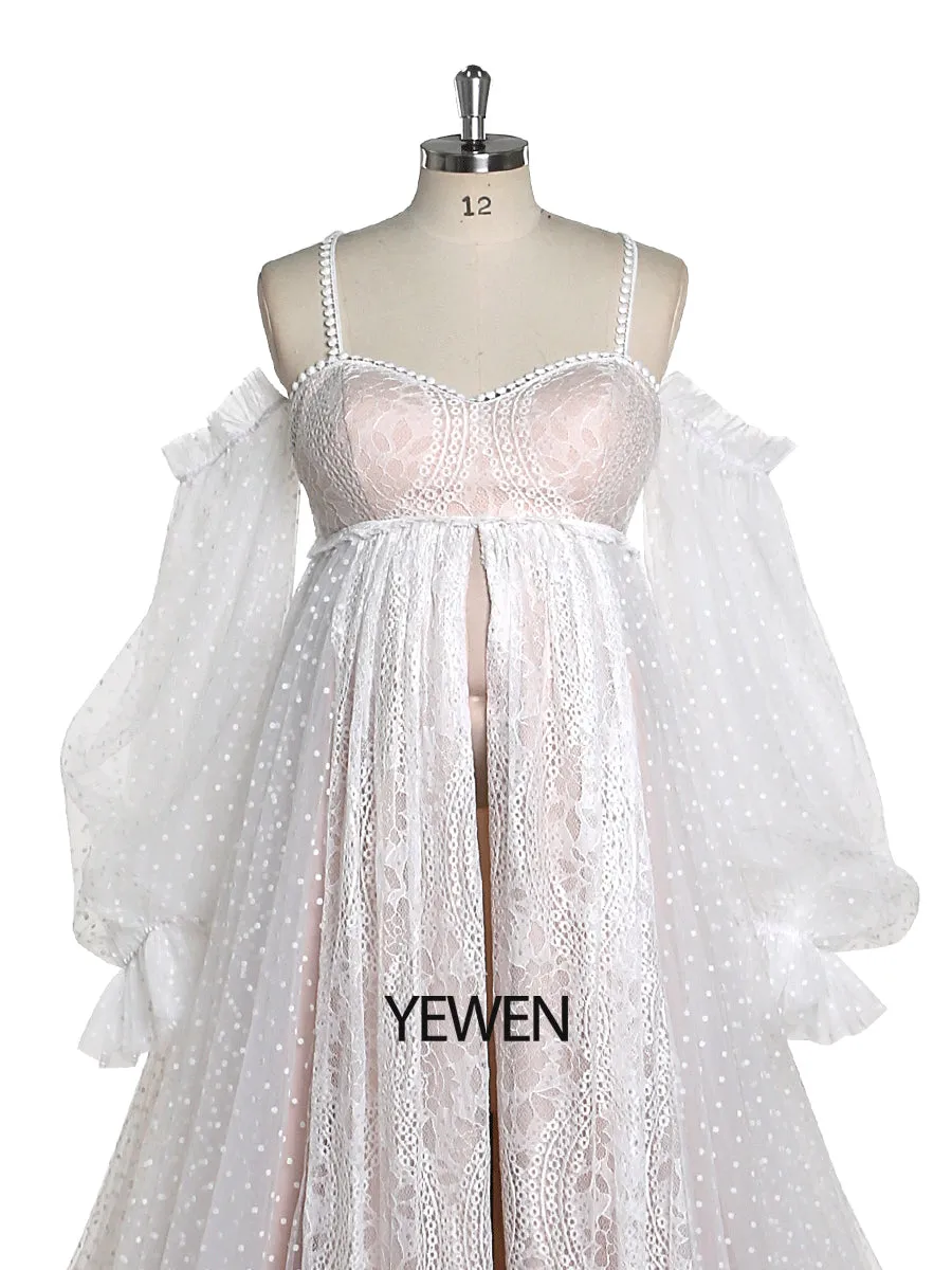 Dot Tulle with Lace Bohemian Maternity Dress for Photoshoot Long Sleeves Maternity Wedding Gown YW220107-1