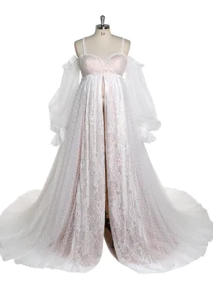 Dot Tulle with Lace Bohemian Maternity Dress for Photoshoot Long Sleeves Maternity Wedding Gown YW220107-1