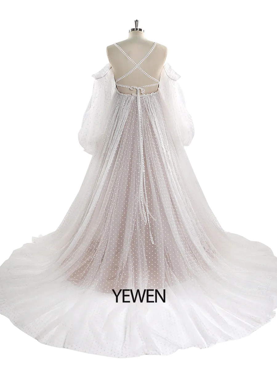 Dot Tulle with Lace Bohemian Maternity Dress for Photoshoot Long Sleeves Maternity Wedding Gown YW220107-1