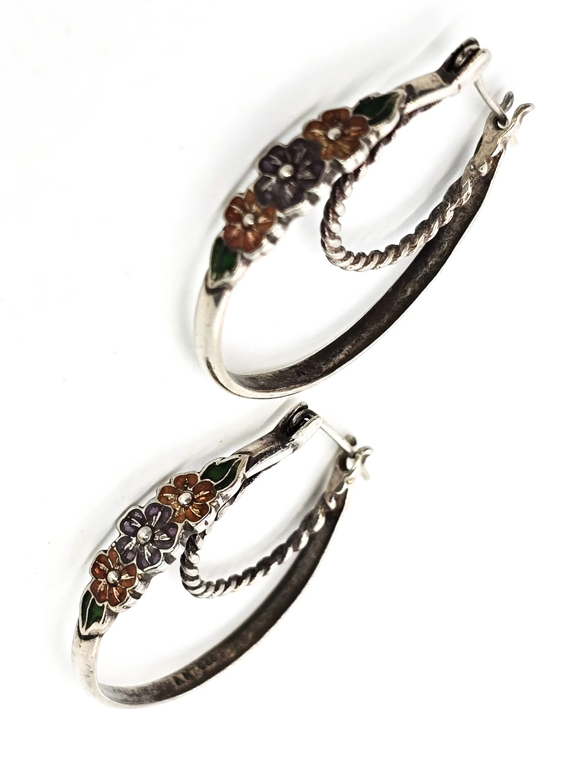 Double hoop enamel flowers vintage sterling silver hoop earrings NV
