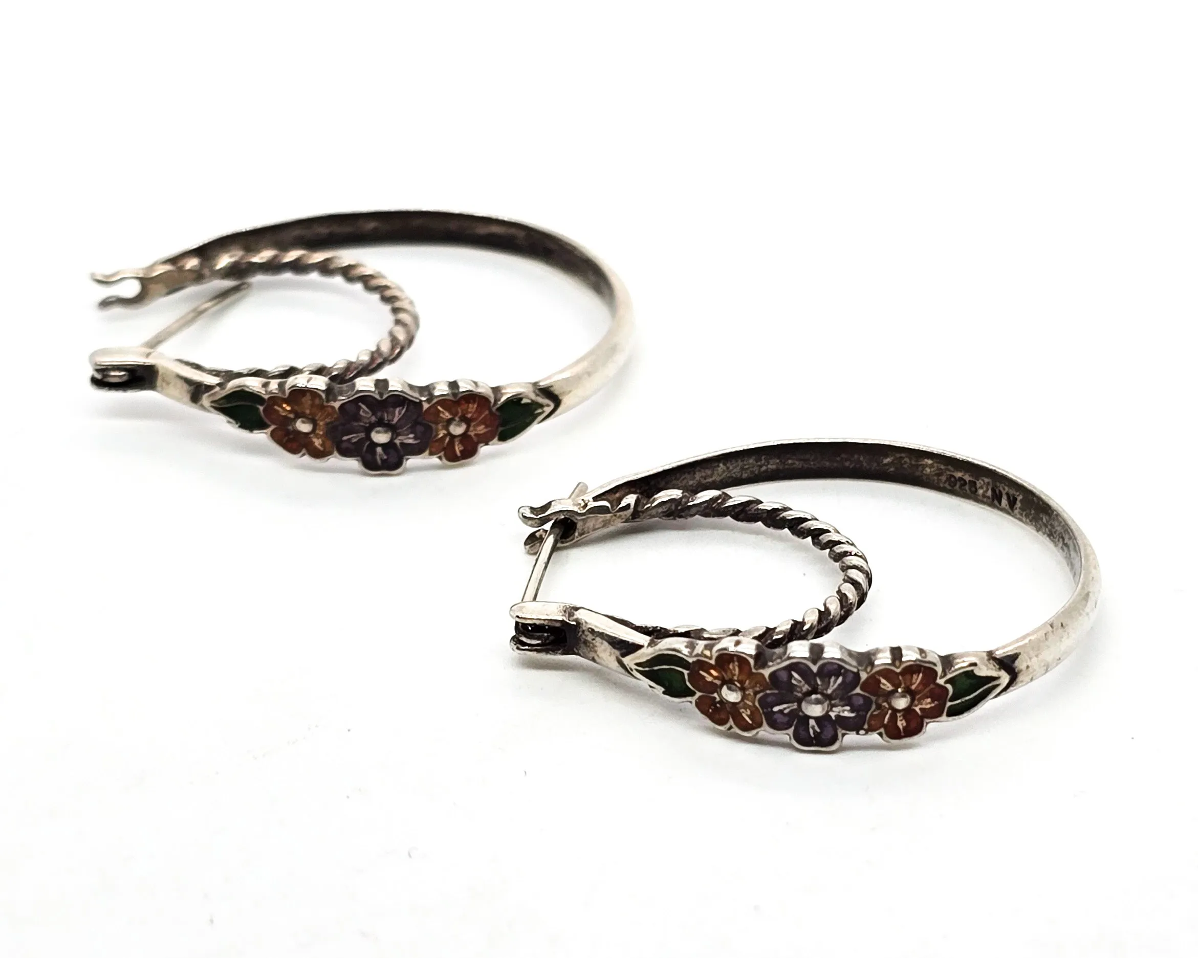 Double hoop enamel flowers vintage sterling silver hoop earrings NV