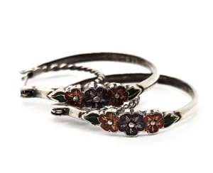 Double hoop enamel flowers vintage sterling silver hoop earrings NV
