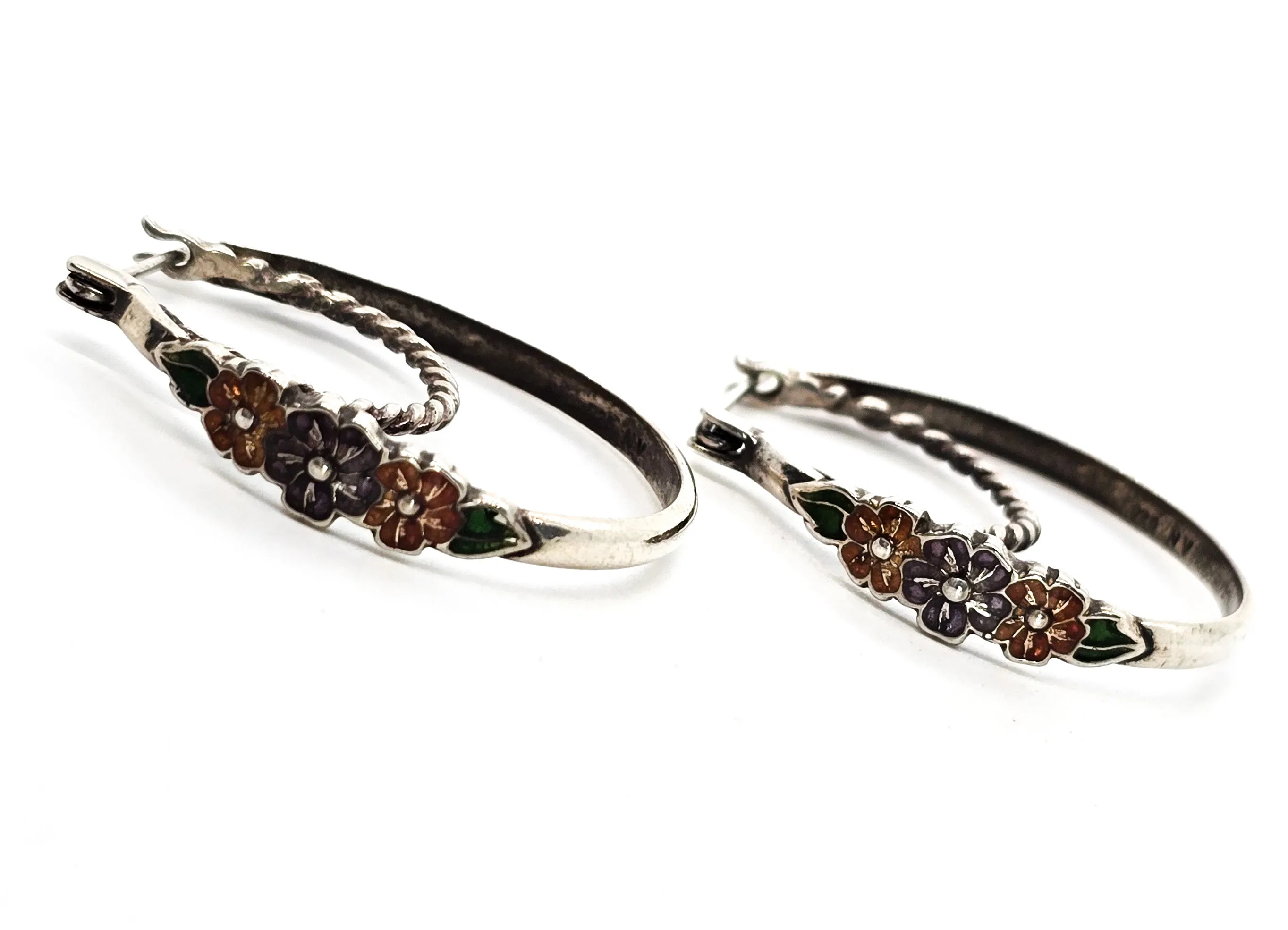 Double hoop enamel flowers vintage sterling silver hoop earrings NV