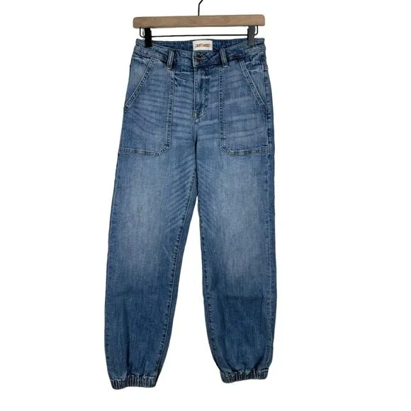 Driftwood Denim Gathered Cuff Jogger Jeans Distressed Patch Pockets Size 26
