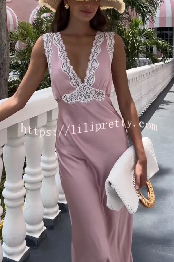 Elevate Your Elegance Satin Lace Trim Back Tie-up Midi Dress