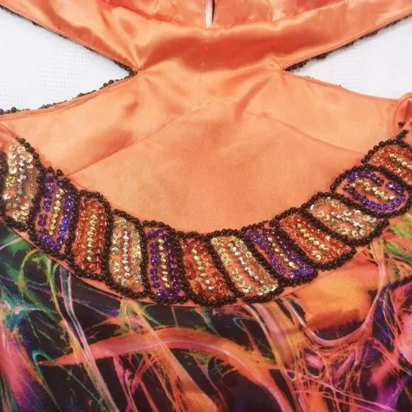 Embellished 0 Maxi Beads Sequin Halter Open Back Dress Long Gown Satin Tie Dye