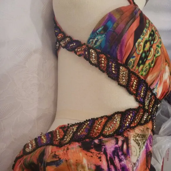 Embellished 0 Maxi Beads Sequin Halter Open Back Dress Long Gown Satin Tie Dye
