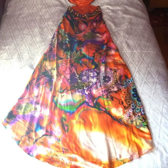 Embellished 0 Maxi Beads Sequin Halter Open Back Dress Long Gown Satin Tie Dye
