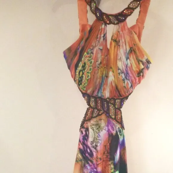 Embellished 0 Maxi Beads Sequin Halter Open Back Dress Long Gown Satin Tie Dye