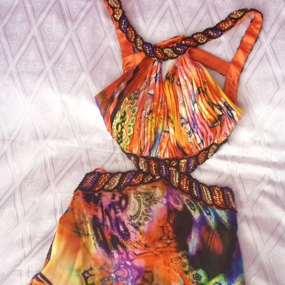 Embellished 0 Maxi Beads Sequin Halter Open Back Dress Long Gown Satin Tie Dye