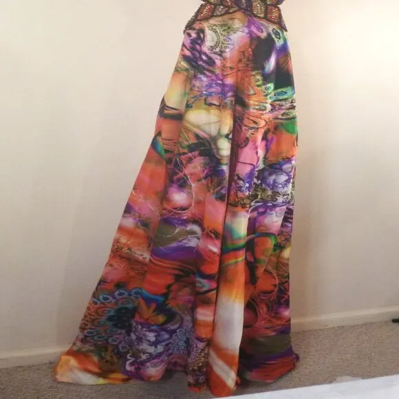 Embellished 0 Maxi Beads Sequin Halter Open Back Dress Long Gown Satin Tie Dye