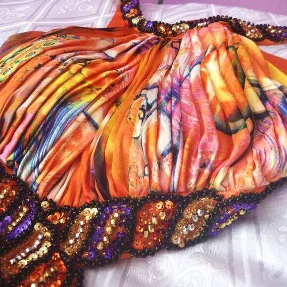 Embellished 0 Maxi Beads Sequin Halter Open Back Dress Long Gown Satin Tie Dye