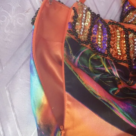 Embellished 0 Maxi Beads Sequin Halter Open Back Dress Long Gown Satin Tie Dye